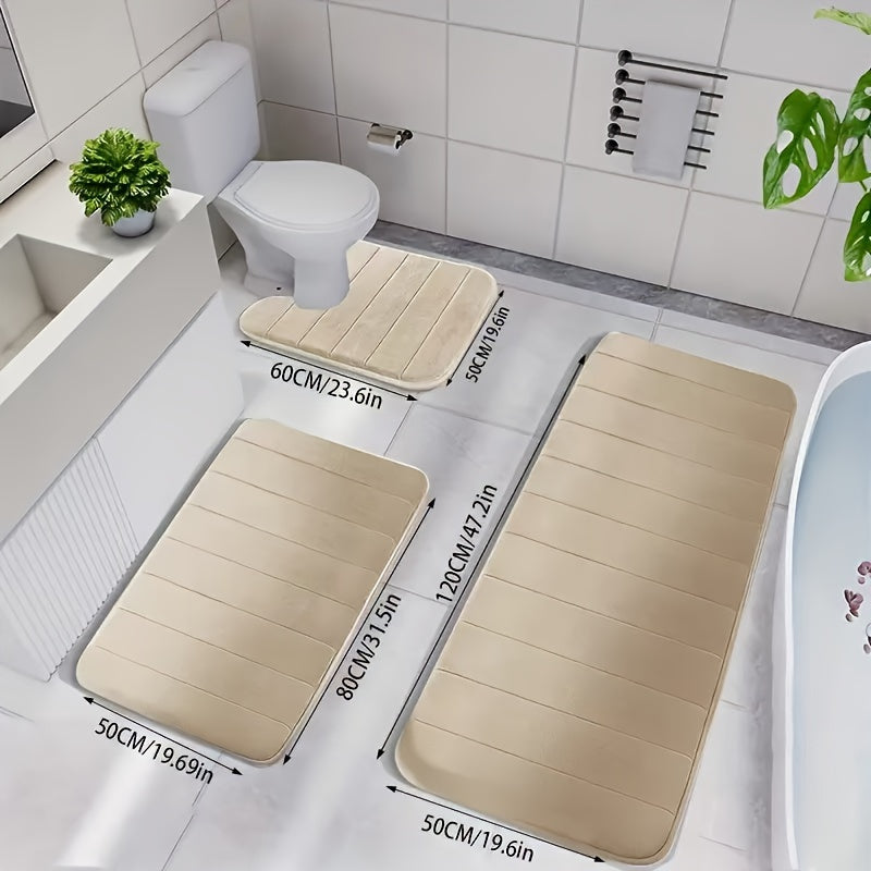 3-piece embossed bathroom rugs with quick absorbent coral fleece material. Non-slip and comfortable for bathroom, kitchen, and shower door covers. Machine washable.