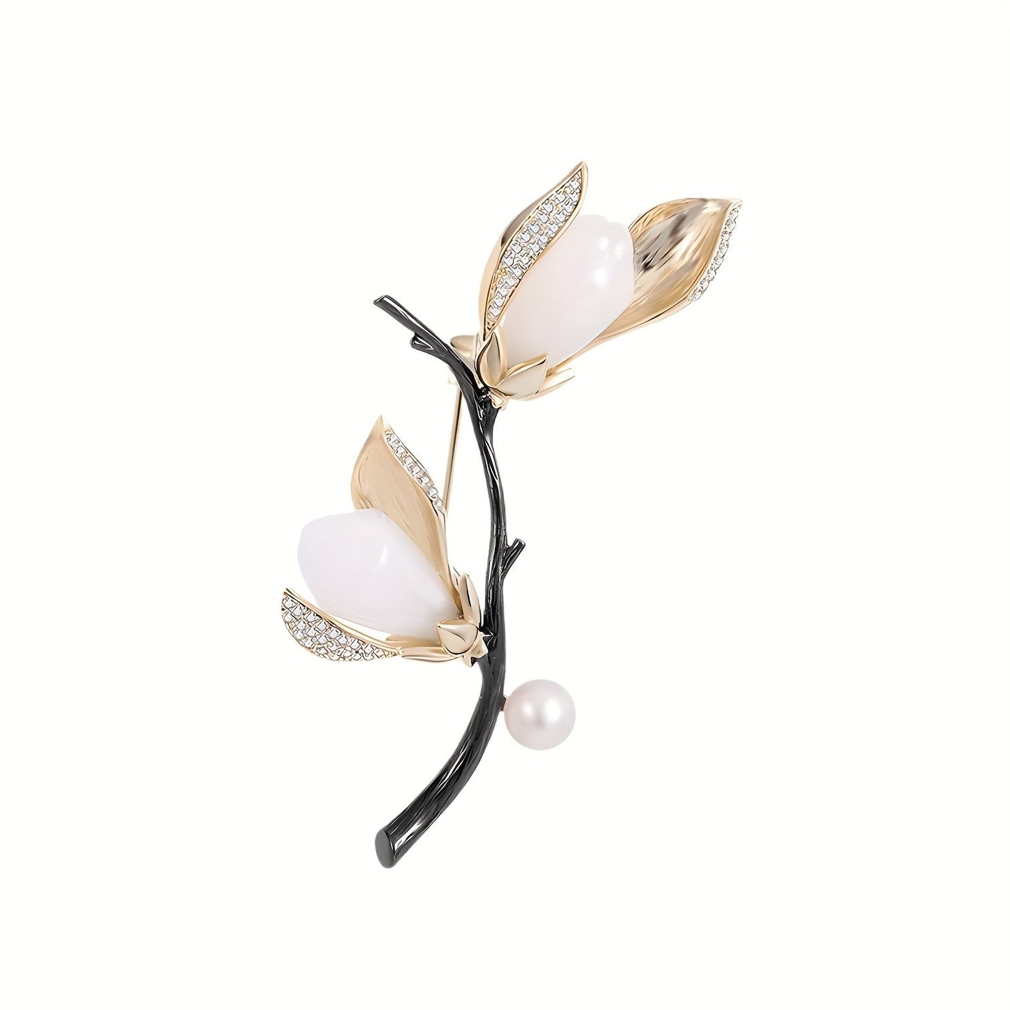 Elegant Vintage Magnolia Flower Brooch Pin with Rhinestone Embellished Plant Shape - A Luxurious Coat Accessory for Women, Boasting a Unique Design Sense.