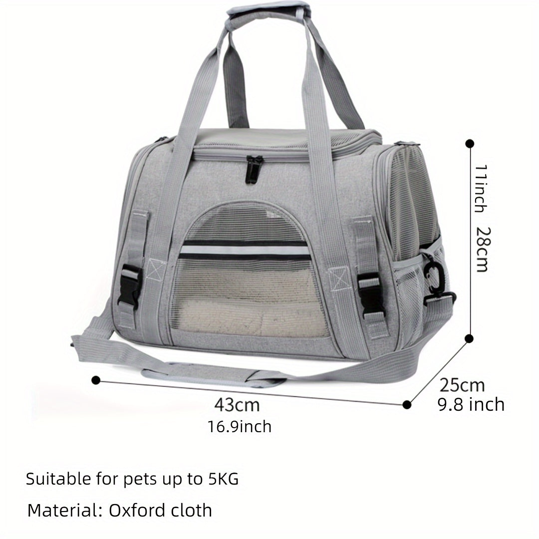 Portable pet bag with four-sided breathable design, includes fur mat, can be used on suitcase or as single shoulder pet bag. Collapsible and transparent, suitable for both cats and dogs.