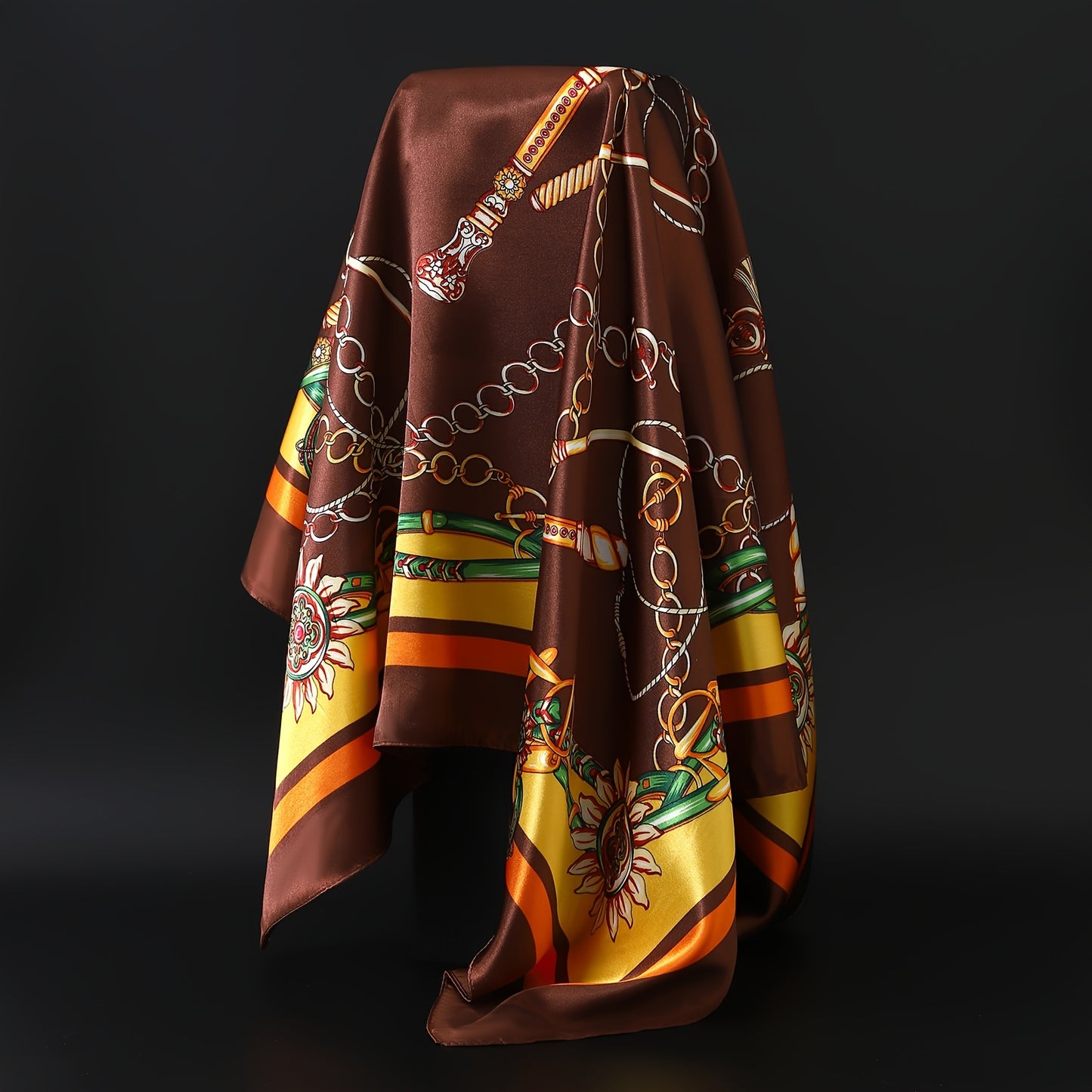 1pc Elegant Black & Golden Print Scarf - Stylish square headscarf with floral and geometric design, windproof and sun-protective. Luxury polyester fabric, 40g/m². Perfect for all seasons.