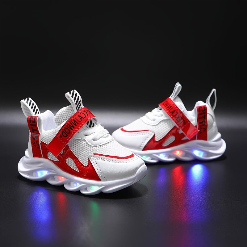 New LED light sneakers for kids in 2024 featuring letter ribbons, breathable mesh, and a glowing design.