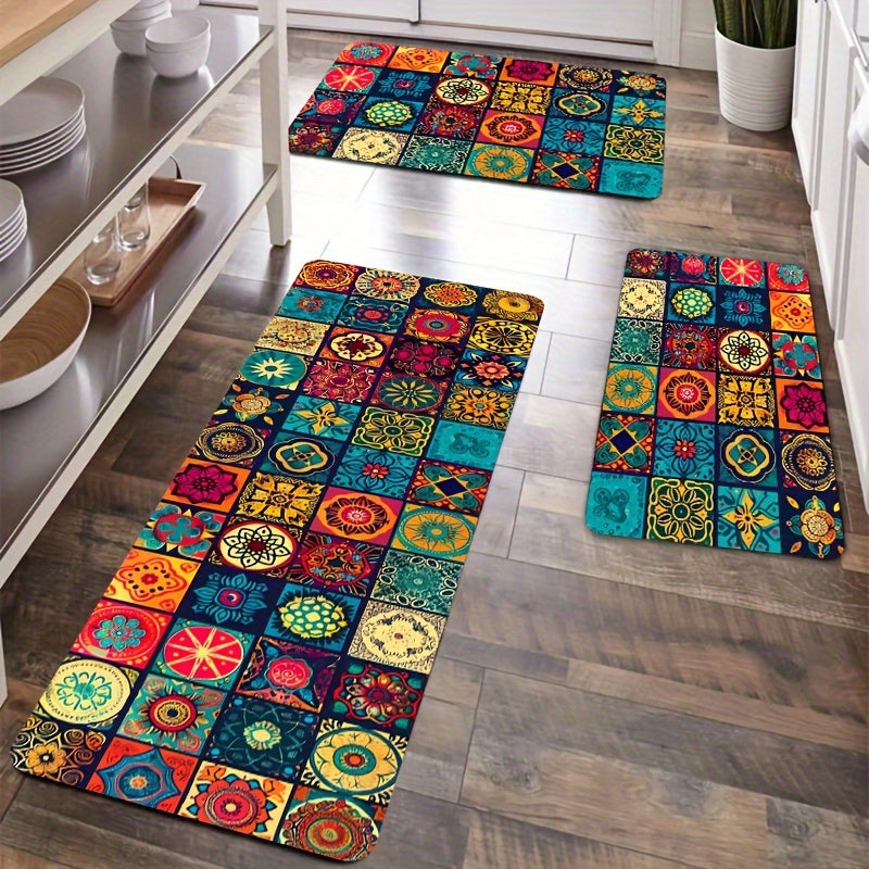 1pc Bohemian Square Floor Mat, Non-Slip, 8mm Thick, Machine Washable Polyester - Ideal for Various Indoor and Outdoor Spaces