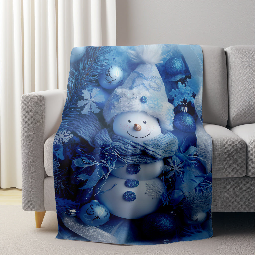 Soft and warm flannel fleece blanket featuring a contemporary snowman blue print. Perfect for cozying up on the sofa, taking a nap at the office, or using during camping and travel. Machine washable and anti-tear for durability. Suitable for all seasons.