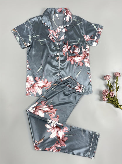 Three sets of six-piece satin pajama sets for women with printed short-sleeved buttoned cardigan tops and elastic waist trousers in a variety of colors.