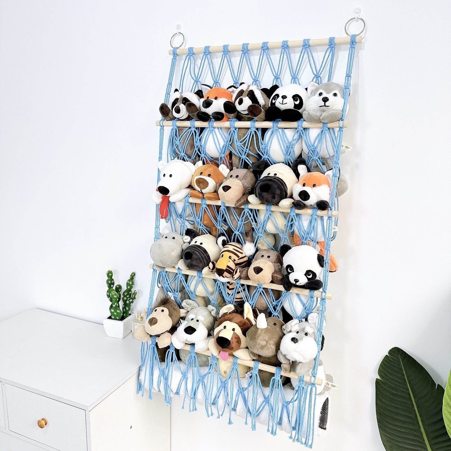 4-Tier Hanging Storage Organizer for Plush Toys & Gifts with Hooks - Ideal for Bedroom & Living Room Wall Decor.