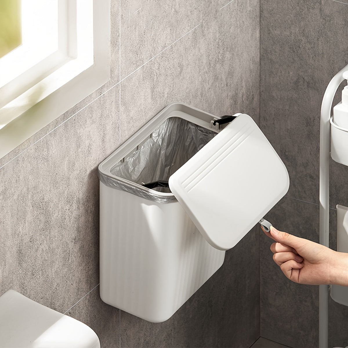 1pc Plastic wall-mounted trash bin with toilet paper storage, space-saving square design, easy installation, no electricity.