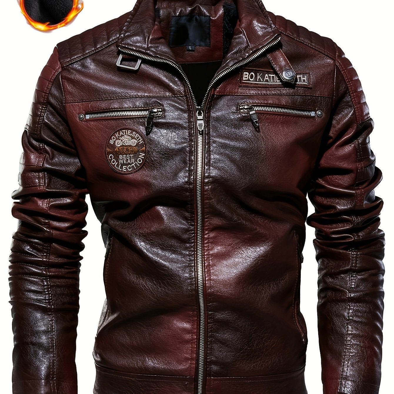 Men's stylish faux leather jacket with zippered pockets for autumn and winter.