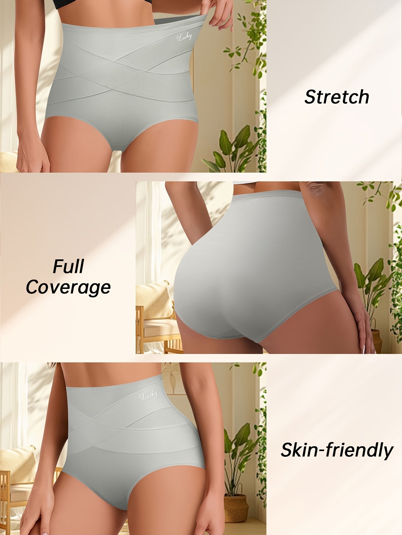 Set of 3 high-waist tummy control solid color underpants with cross-band design for women.