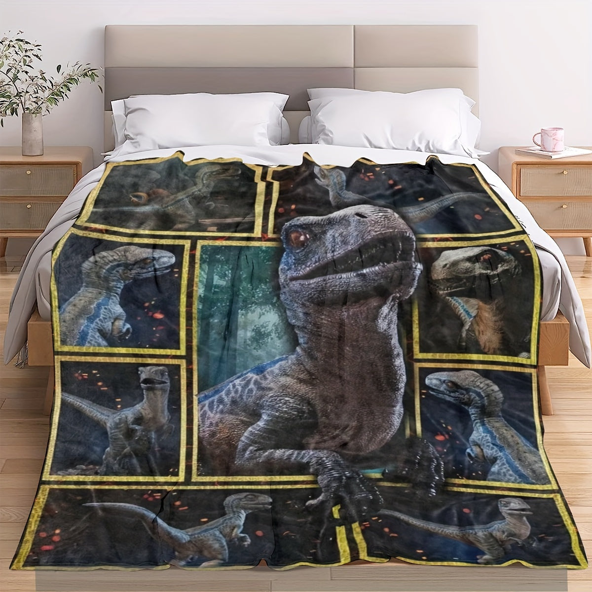 Soft plush throw blanket featuring a geometric pattern inspired by Jurassic dinosaurs. Made of 200-250g polyester with a digital print in a mid-century style. Versatile for use in all seasons and all weather conditions. Suitable for both men and women