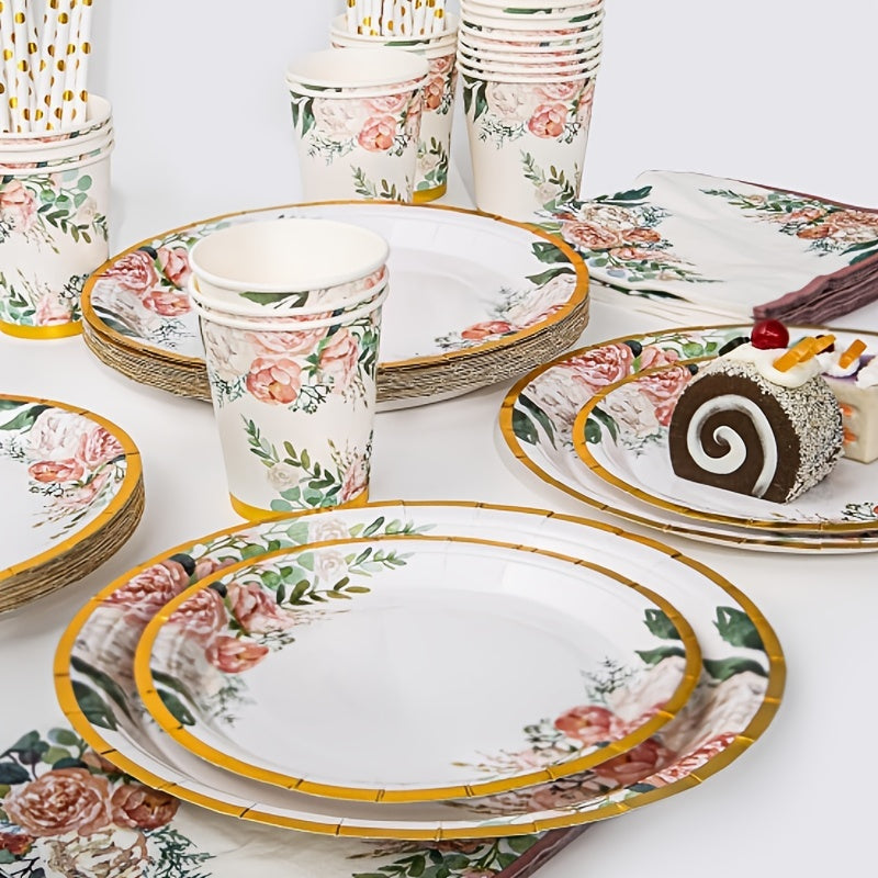 Disposable Luxurious Flower Themed Tableware Set - Includes 125 Pieces of Elegant Party Decorations such as Paper Plates, Dessert Plates, Napkins, and Paper Cups. Perfect for Birthday Parties, Weddings, Festivals, Anniversaries, and any other Special