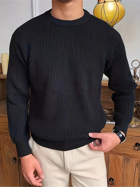 Men's black cotton-blend crew neck sweater with soft ribbed texture, perfect for fall/winter warmth in a casual attire.