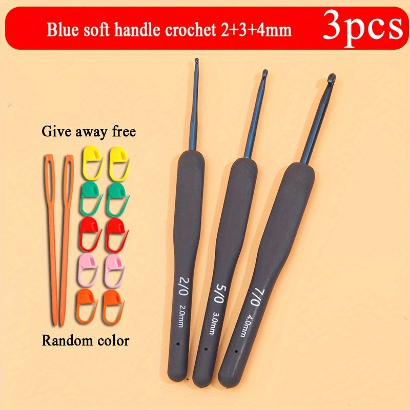 Blue crochet tool set includes 9pcs with soft handle, perfect for beginners. Random color. Great gift.