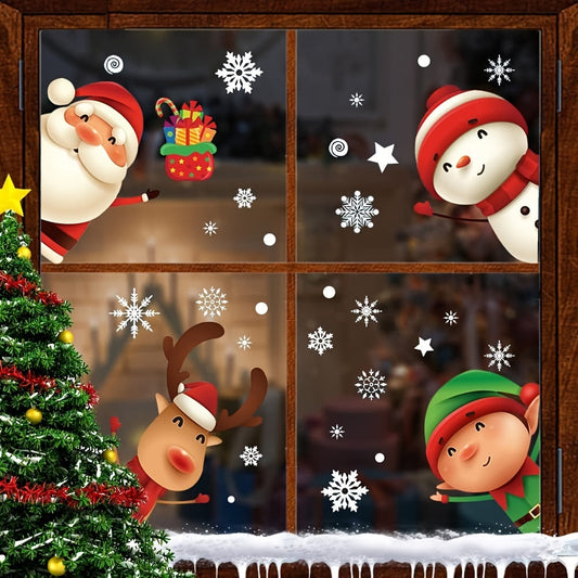 Four pieces of Christmas Electrostatic Window Stickers featuring a decorative art style, with a thickness of 2 mil, and a cartoon pattern. Made of vinyl material with a glossy finish, these stickers are in a rectangular shape and meant for single-use as