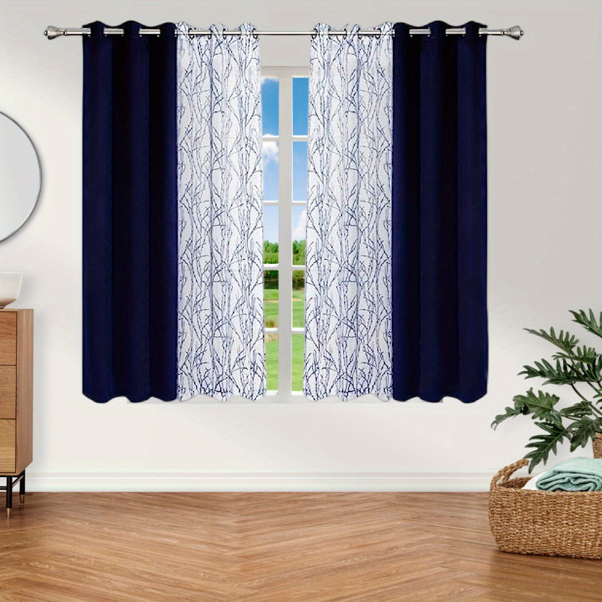 Pair of Curtains for Bedroom or Living Room - Includes 1 Sheer Branch Print Curtain and 1 Blackout Curtain, Grommet Style, 54x84 Inch Each, Dark Gray, Set of 2 Panels