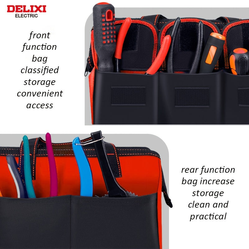 Heavy duty multi-pocket tool storage bag for wide mouth tools, featuring multiple layers for easy tool organization (33.02cm x 35.56cm x 40.64cm)