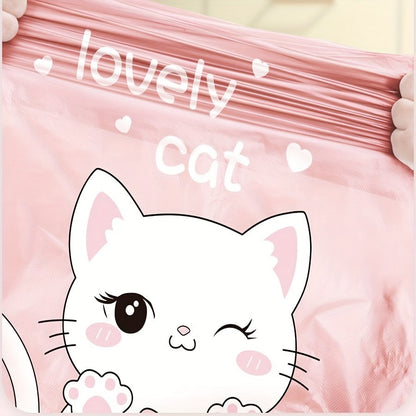 50 adorable pink kitten drawstring trash bags, each holding 15.14 liters and made with extra thick 30μm material. Ideal for use at home or while shopping.