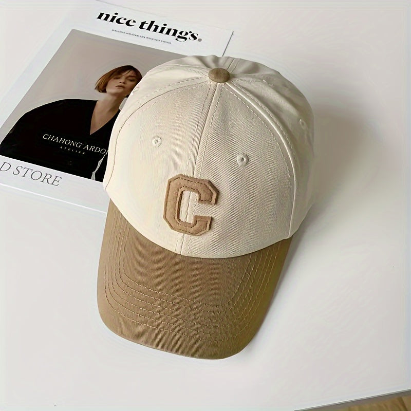 Cotton knit baseball cap with C letter embroidery, adjustable buckle back, lightweight and versatile for all seasons - perfect for outdoor casual wear.