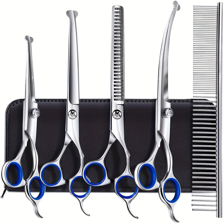 6-piece set of stainless steel pet grooming scissors for professional use at home on dogs and cats with universal hand orientation.