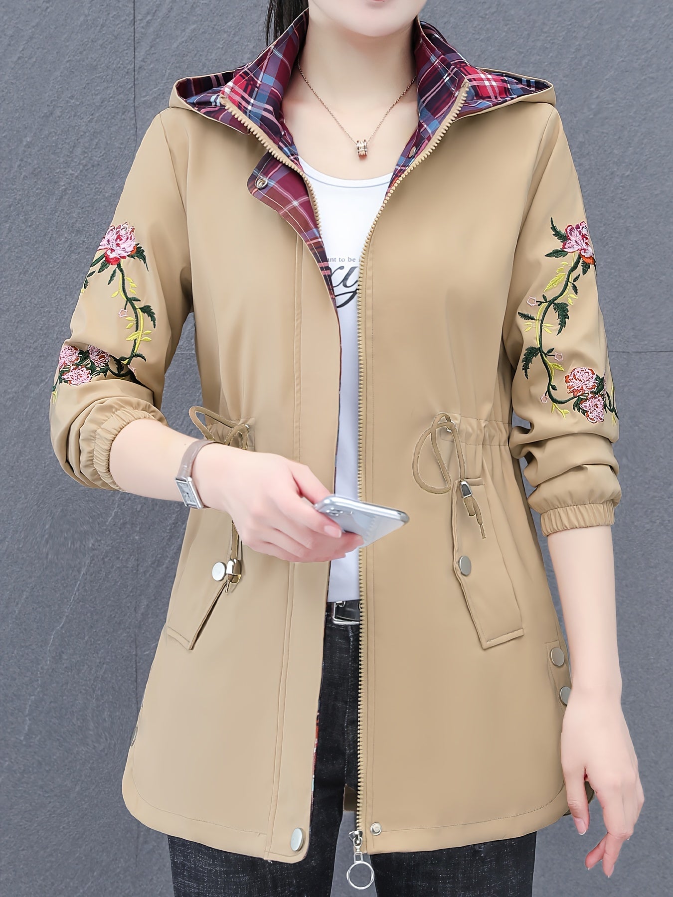 New for 2024: Women's floral jacket with hood, glossy finish, and regular length. Perfect for weekend wear in spring/fall.