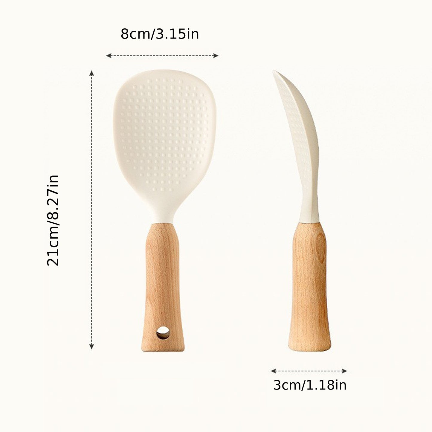 Silicone rice spoon with wooden handle, ideal for non-stick cookware, durable and convenient serving utensil.