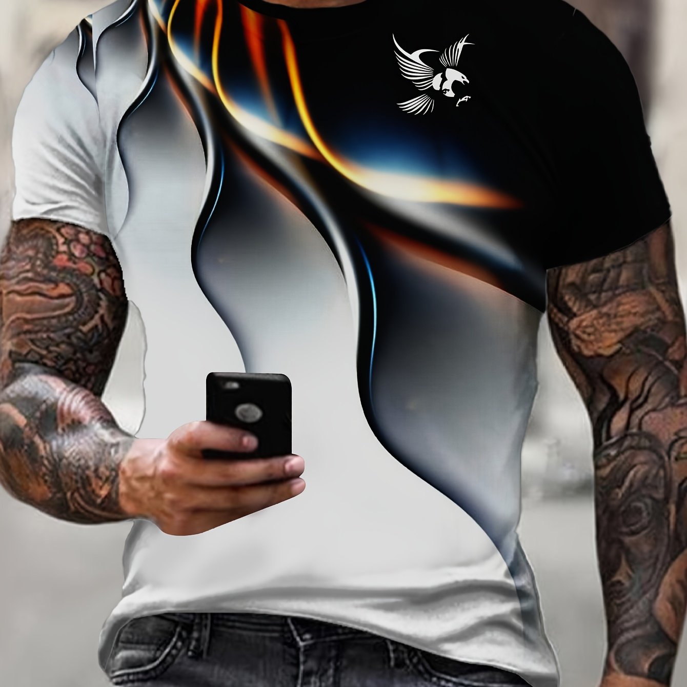 Men's stylish and comfortable print T-shirt made of 100% polyester knit fabric with a slight stretch and regular fit.