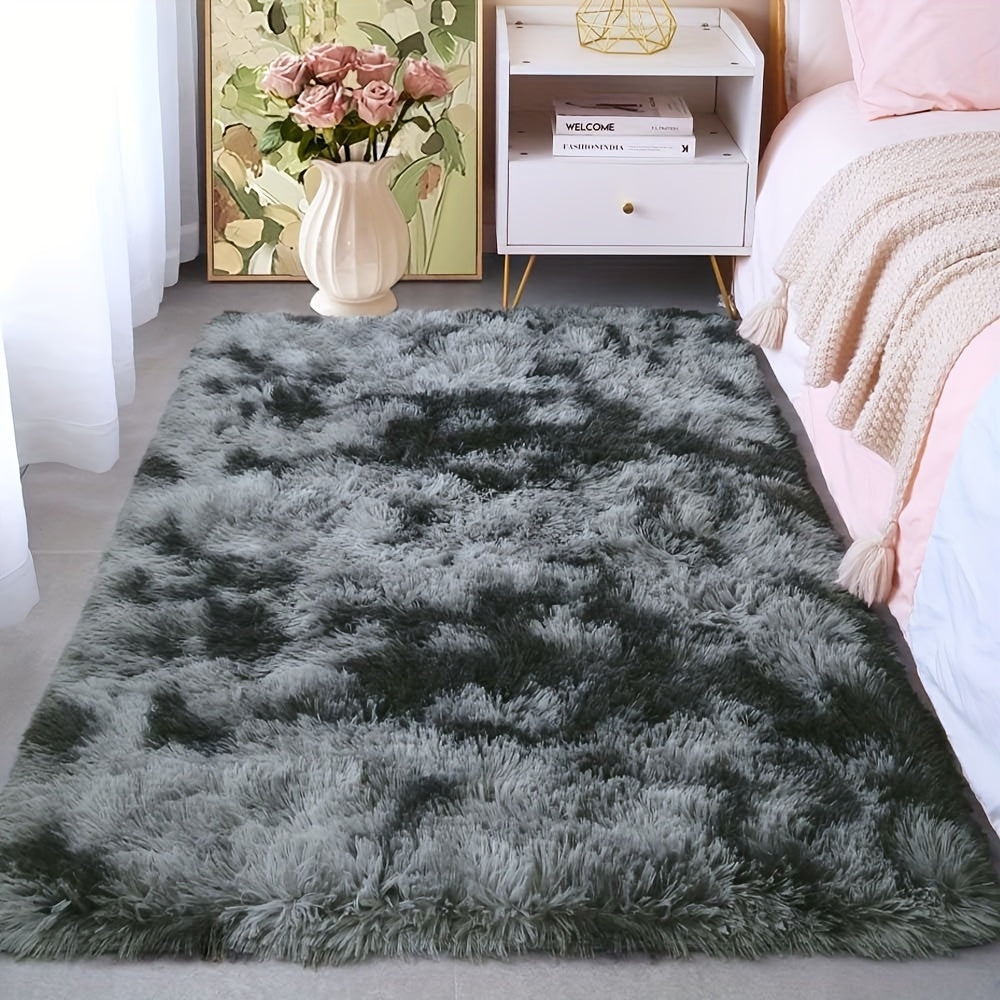 Machine Washable Tie-dyed Gray Fluffy Bedside Carpet - Perfect for Dormitory Room or Home Décor