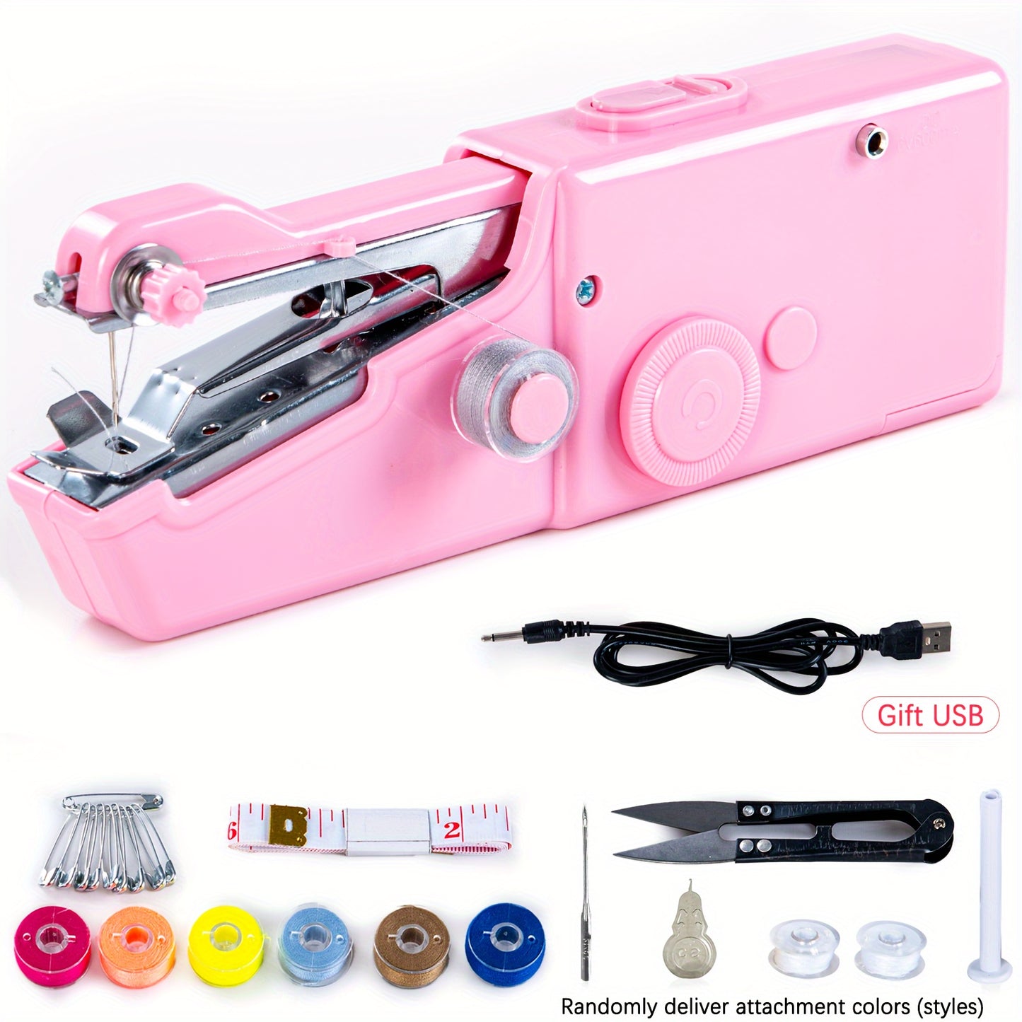 Mini Electric Handheld Sewing Machine with USB Power, AA Battery Operated - Pink