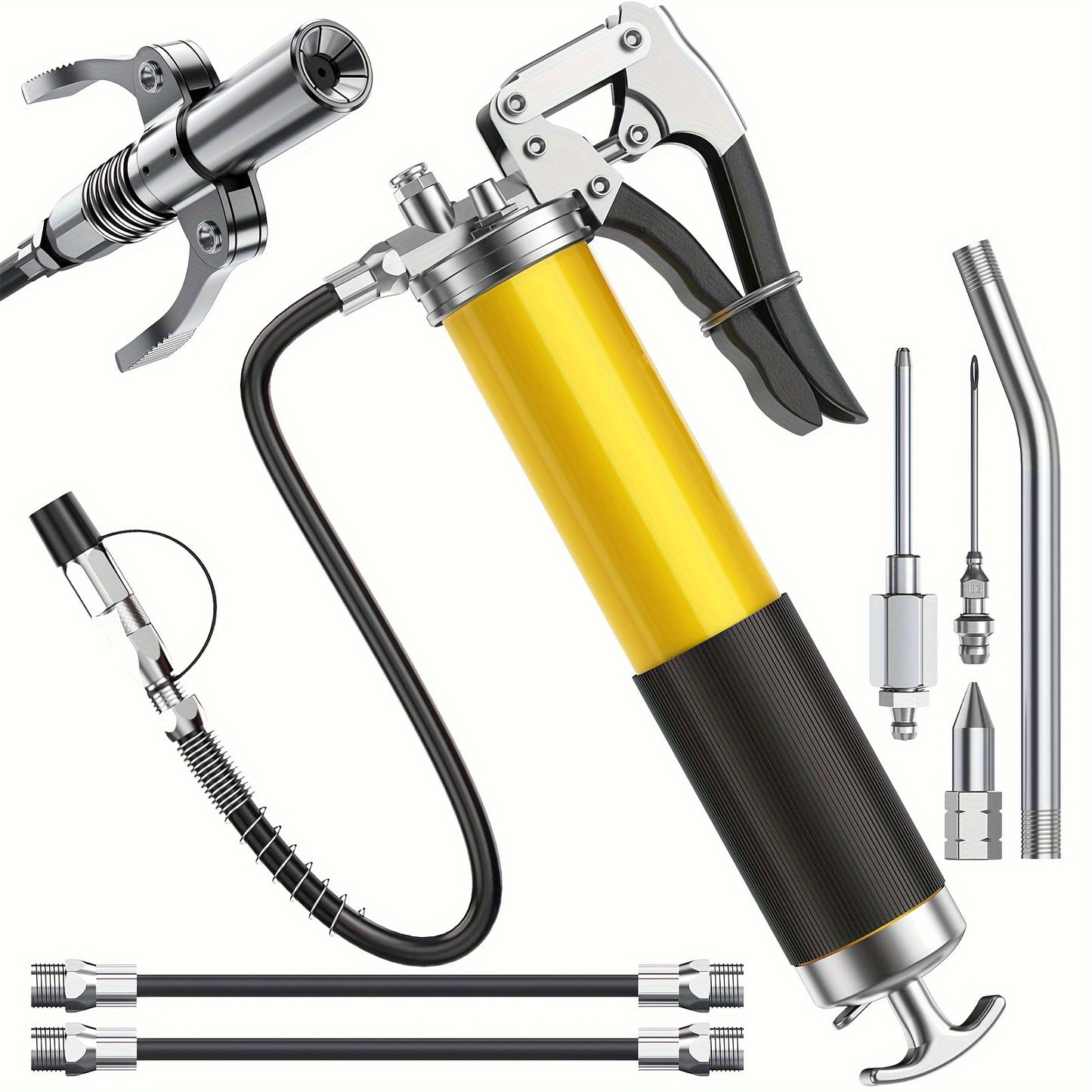 8000 PSI Pistol Grip Oil Gun Kit with 14 oz load, 45.72 cm hose, 2 connectors, 2 extension tubes, and 1 sharp nozzle.