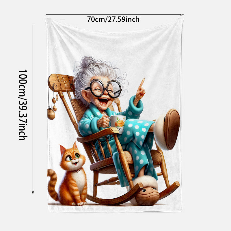 Stay warm and cozy with the 1pc Cozy Senior Life Flannel Throw Blanket featuring a charming Grandma in Rocking Chair with Cat print design. This contemporary style blanket offers all-season comfort with its knitted polyester material. It's the ideal gift