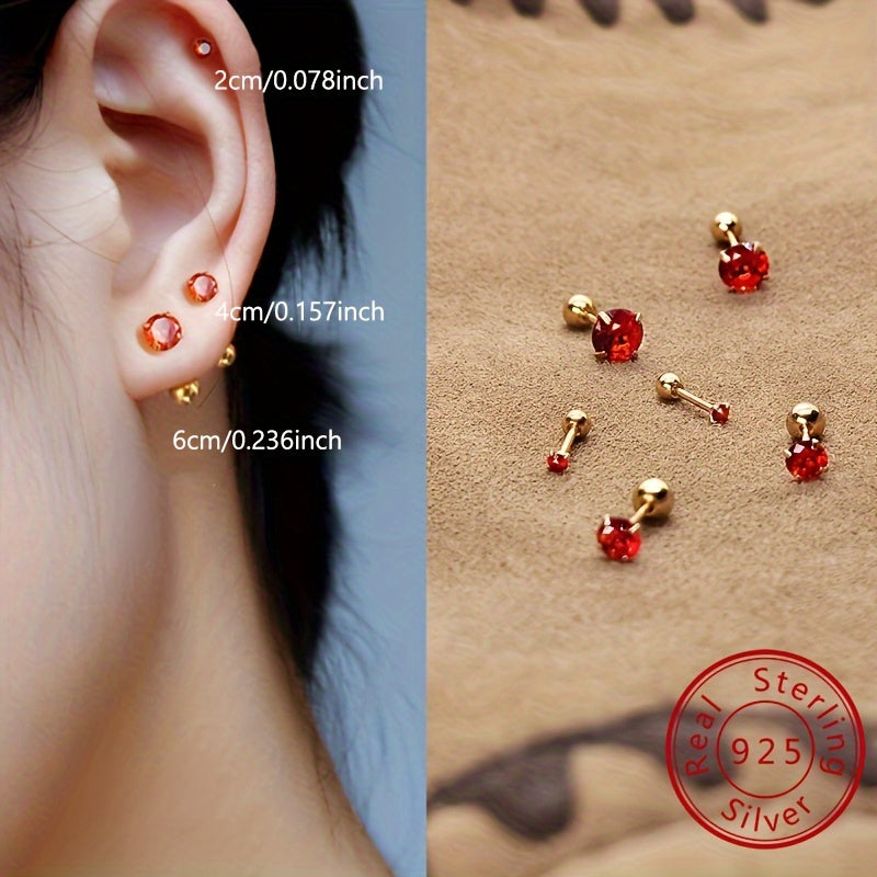 Elegant Vintage Style Sterling Silver Stud Earrings with Red Zirconia - Hypoallergenic and Perfect for Daily Wear for Women