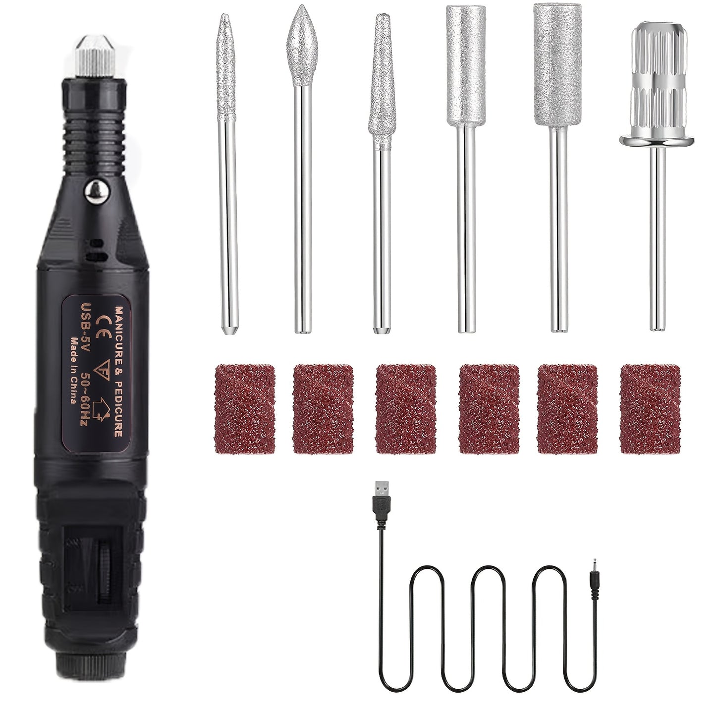 Portable electric nail drill kit with adjustable speed, USB-powered, includes multiple attachments for DIY nail art and manicure/pedicure, no battery required.