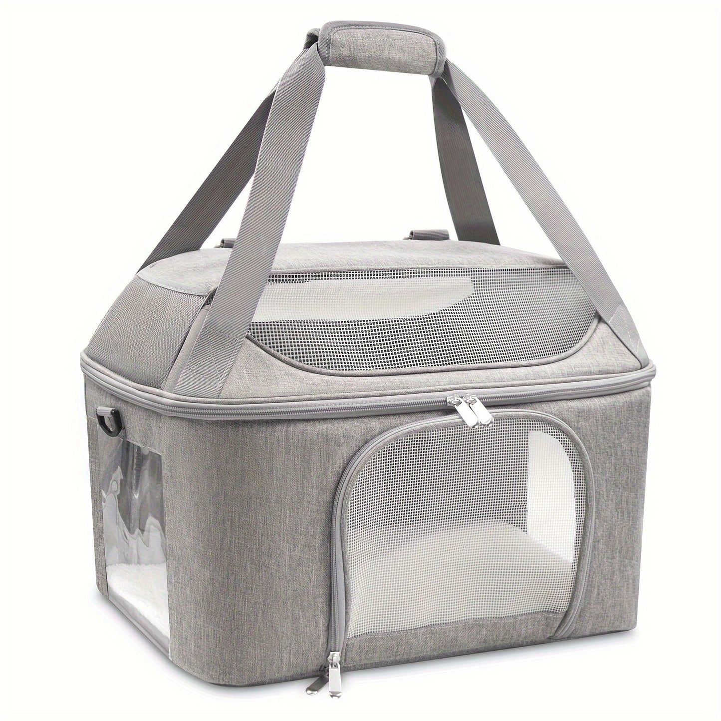 Durable polyester pet carrier bag in cozy gray, ideal for dogs and cats with zipper closure.