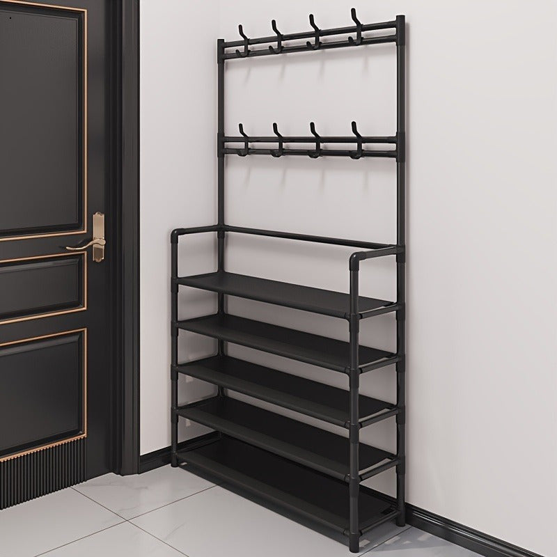 Get organized with the 1pc Modern 5-Tier Plastic Shoe Rack featuring 18 Hooks. This freestanding, waterproof coat and shoe organizer is perfect for your home entrance or dormitory. With easy assembly and sturdy construction, no electricity is needed. It