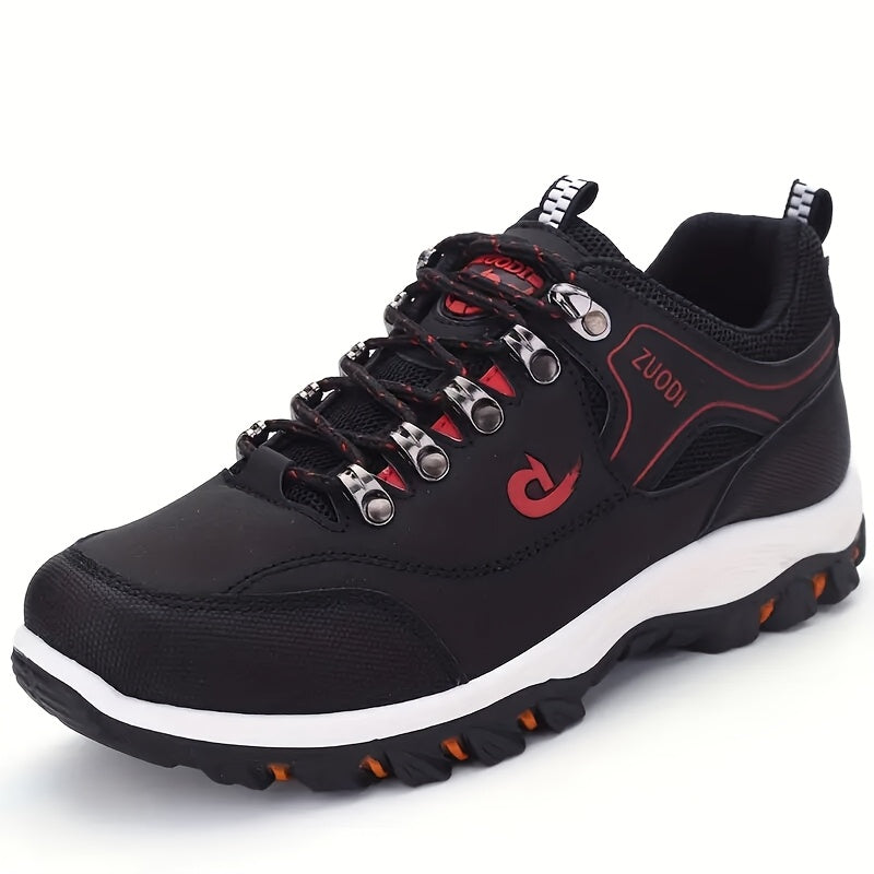 Large men's hiking boots and casual sports shoes with lace closure, solid color, lightweight design, and durable construction for outdoor activities.