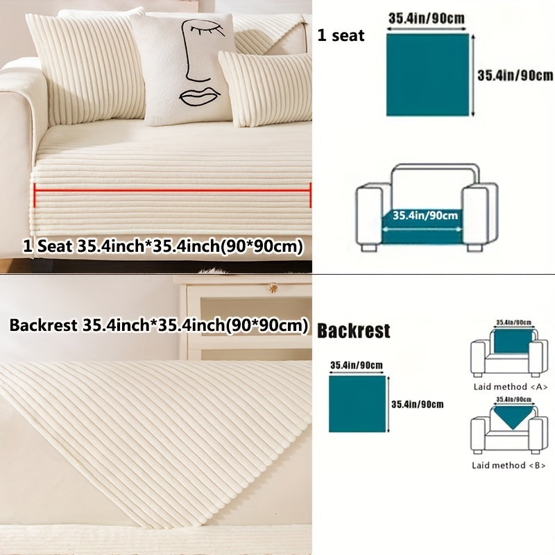 Thick plush sofa cover with stripes for winter, non-slip and anti-dirty. Modern style for home protection and decoration.