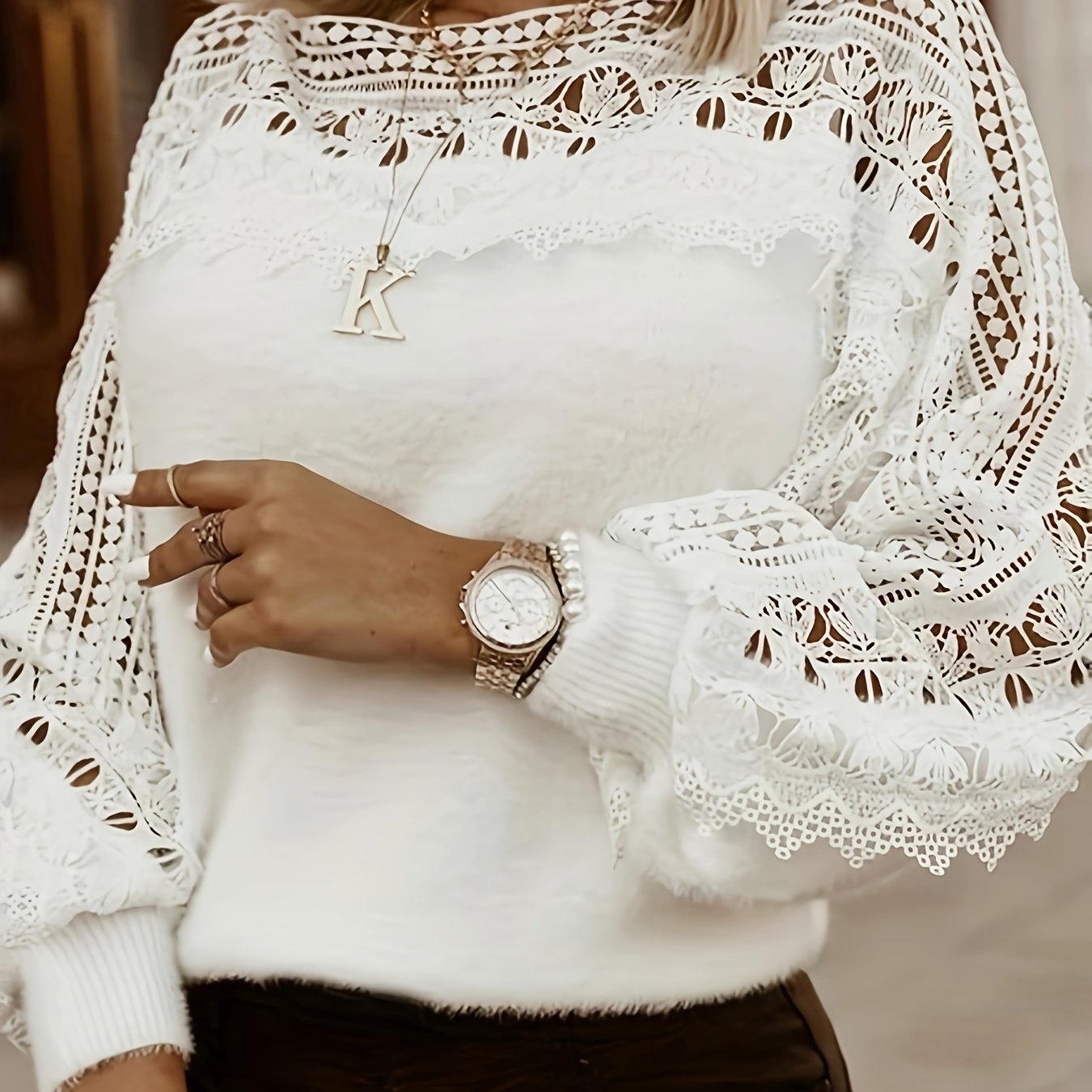 Stylish white lace-trimmed sleepwear top for women made of soft polyester with long sleeves, round neck, and machine washable - perfect for chic fashion in Spring/Summer/Fall.