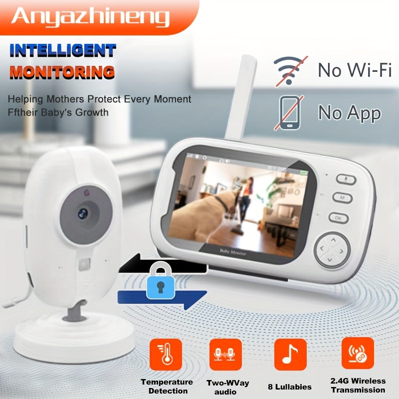 ANYAZHINENG 720p HD Monitor with Camera, featuring night vision, 2-way audio, temperature sensor, lullabies, secure transmission, cry detection, and self-adhesive design. Made of non-waterproof ABS material, this monitor is powered by USB and is suitable