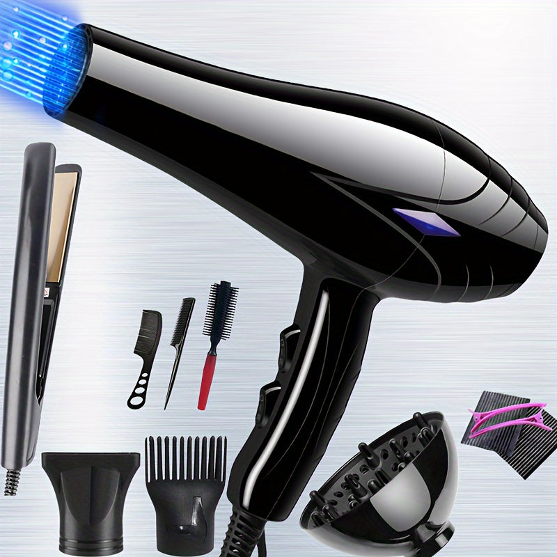 Professional hair dryer and straightener set for women with European plug, includes comb and brush accessories, fast heating brush motor.