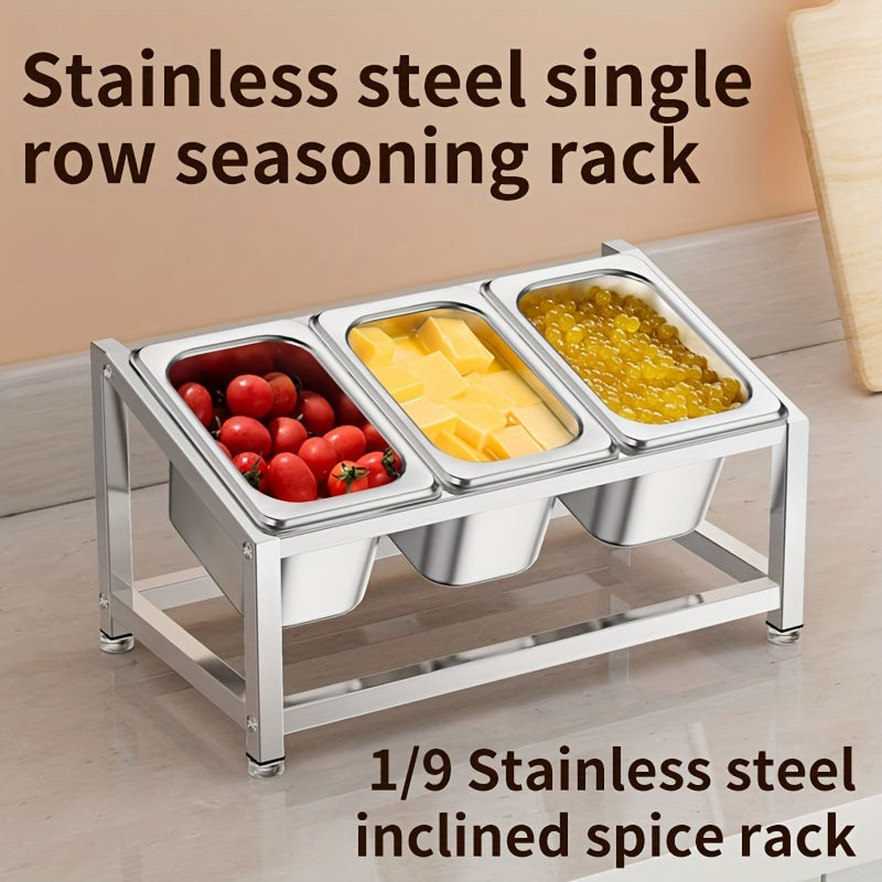 1/9-Compartment Spice Organizer crafted from durable stainless steel - Perfect for organizing spices and seasonings on your countertop. Includes condiment containers for easy storage. Ideal for use in both kitchens and restaurants.