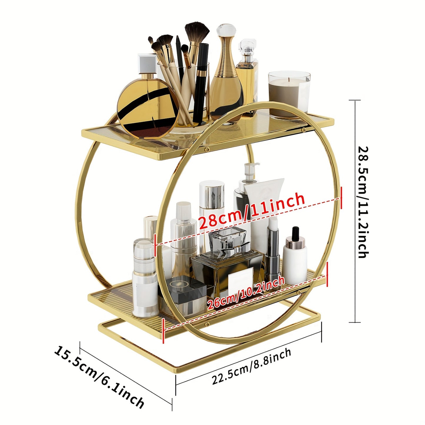 Golden cosmetics storage rack with 2 tiers made of rust-proof cast iron. Large capacity for skincare, lipstick, perfume, and more. Circular design for bathroom and makeup area.