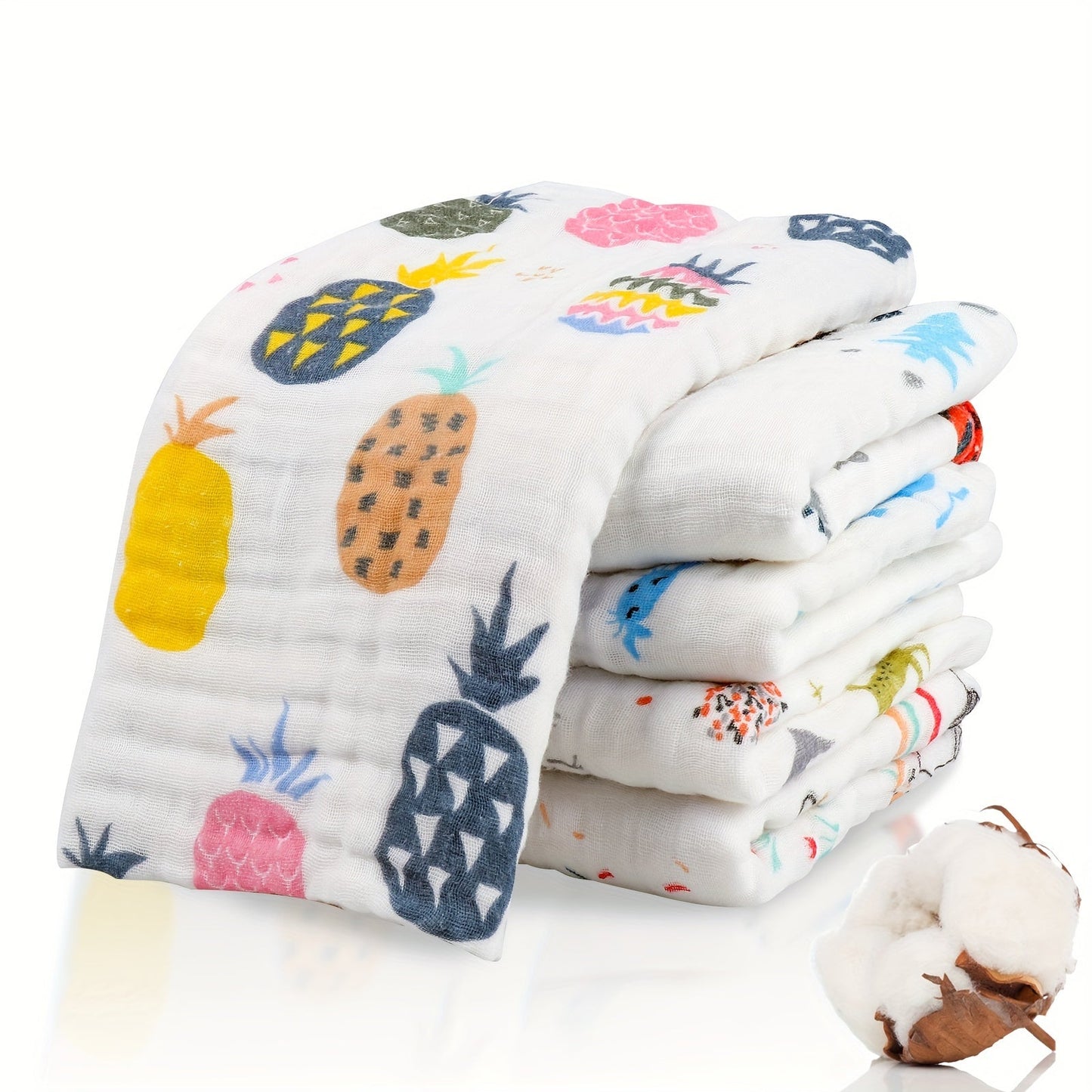 Five pieces of 70x70cm soft and absorbent cotton muslin towels, featuring a 6-layer design perfect for use as bath or face towels.