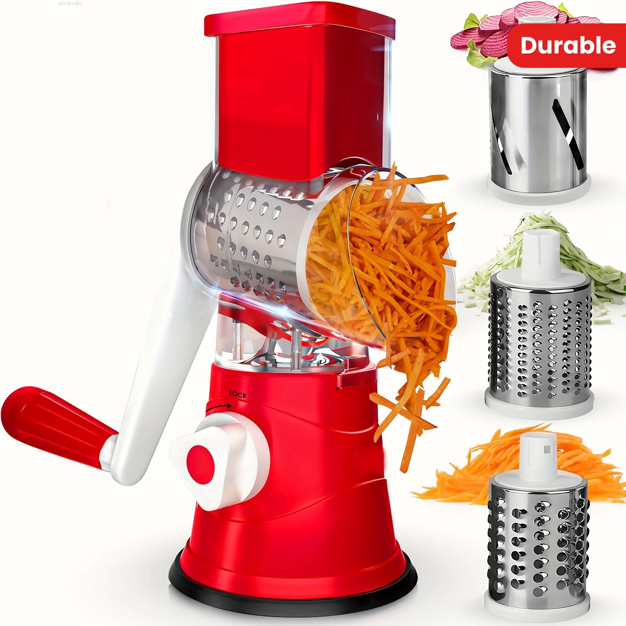 One piece of a durable plastic 3-blade fruit and veggie slicer and shredder, suitable for food-grade use in home kitchens, restaurants, and baking. This versatile tool is easy to assemble and perfect for all types of food preparation.