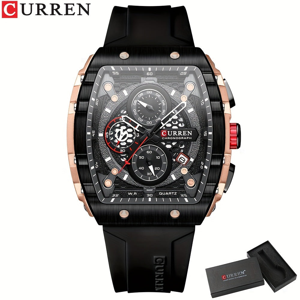 CURREN Sports Chronograph Quartz Watch with Tonneau Pointer, Waterproof Fashion Date Dial, Silicone Band.