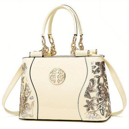 Elegant sequined flower pattern tote bag, classic handbag, trendy shoulder bag for Carnaval parties and music festivals.