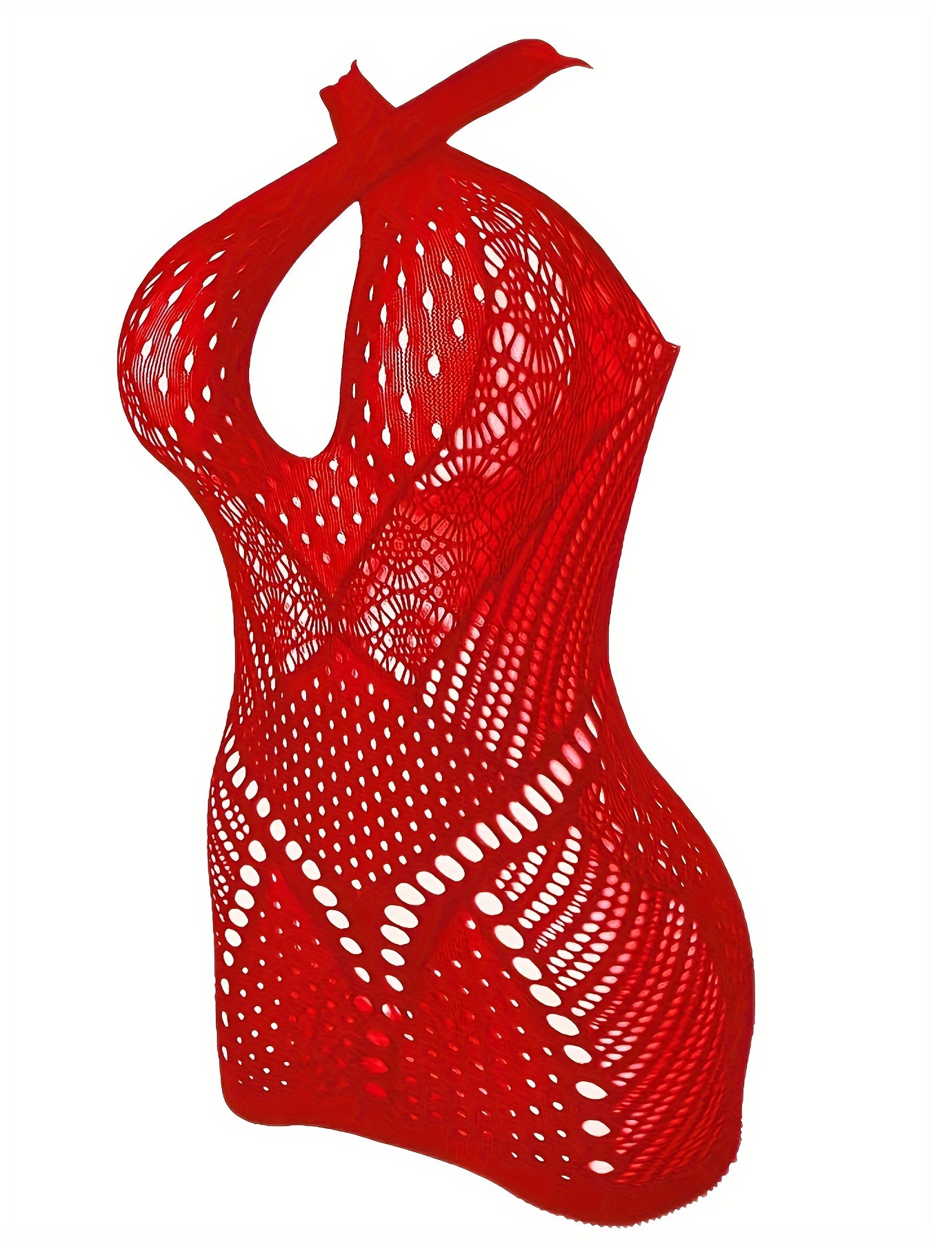 Red lace mesh bodysuit with hollow-out design, spaghetti straps, made of nylon. Sexy and fashionable nightclub attire for adults.