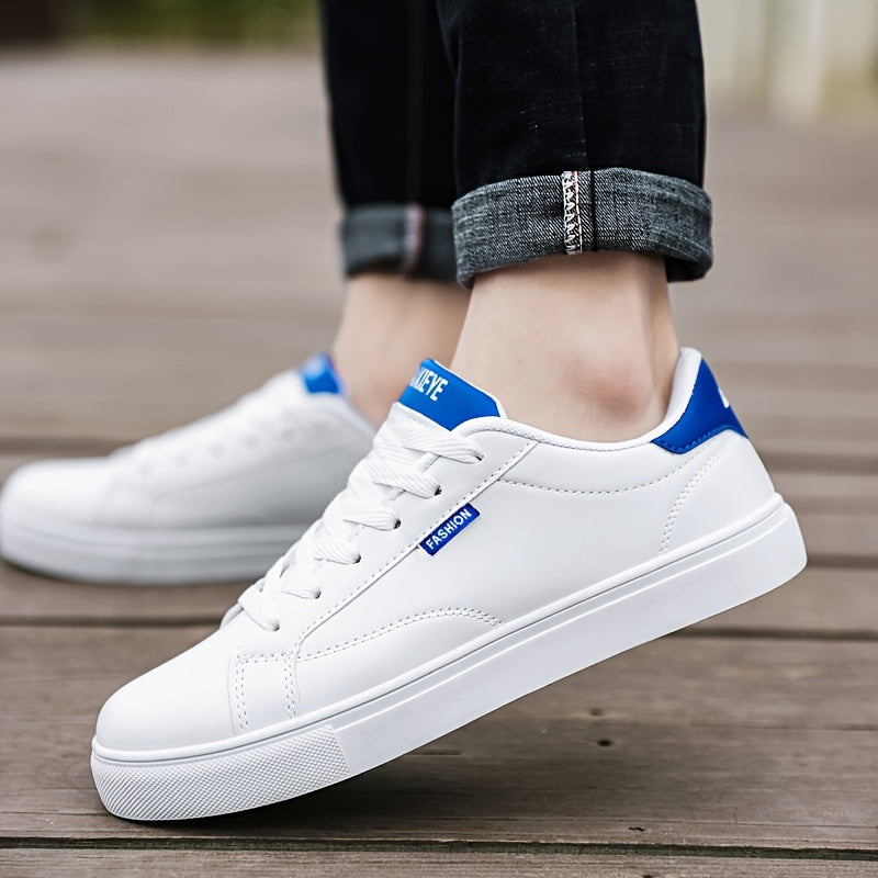 Men's casual skate shoes with solid color, low top lace-up design, PU upper, fabric lining, EVA insole, and rubber sole. Versatile for spring/summer and fall, suitable for casual wear.