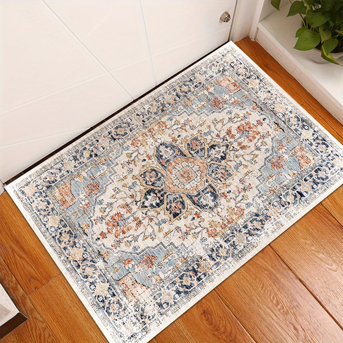 Lightweight Bohemian Light Blue Paisley Pattern Comfort Mat with Non-Slip PVC Backing - Machine Washable Polyester Kitchen Rug | Braided Weave, Medium Pile | Decorative Anti-Fatigue Runner for Kitchen, Dining, Laundry Room - Under 2.16m², Shortest Side