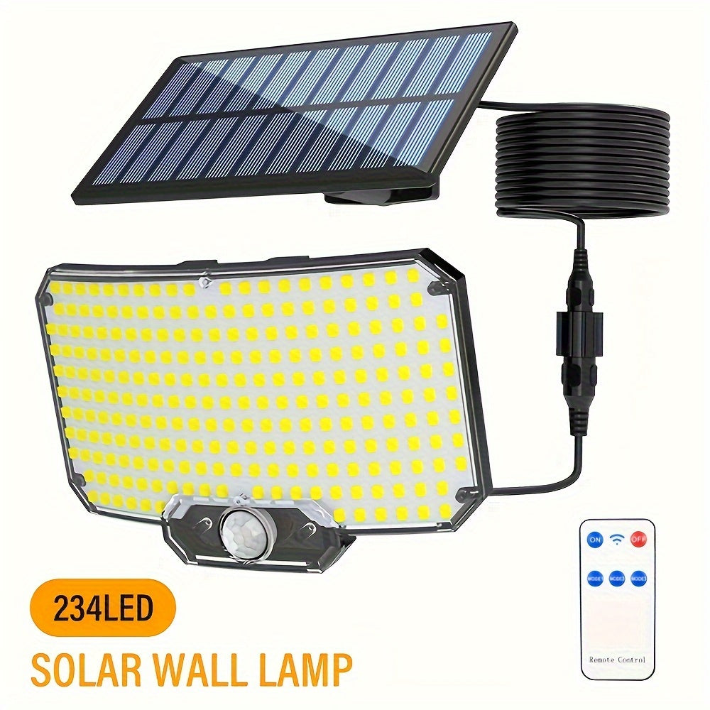 Outdoor smart solar light with motion sensor, remote control, 3 modes for patio, porch, camping, and backyard.