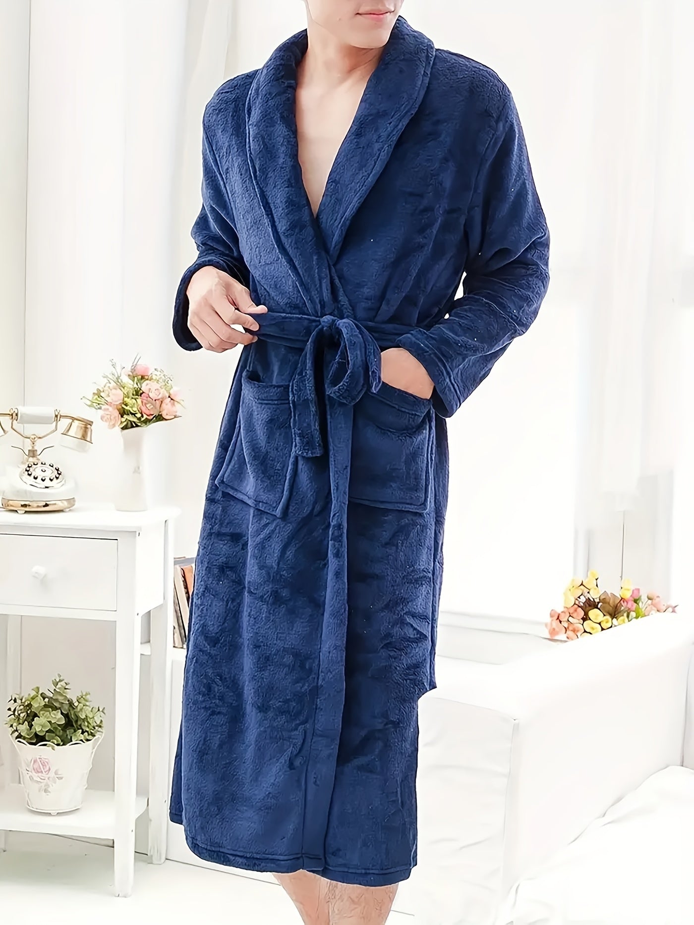 Men's long black fleece robe with large pockets, casual V-neck, adjustable waist tie, cozy lounge wear.