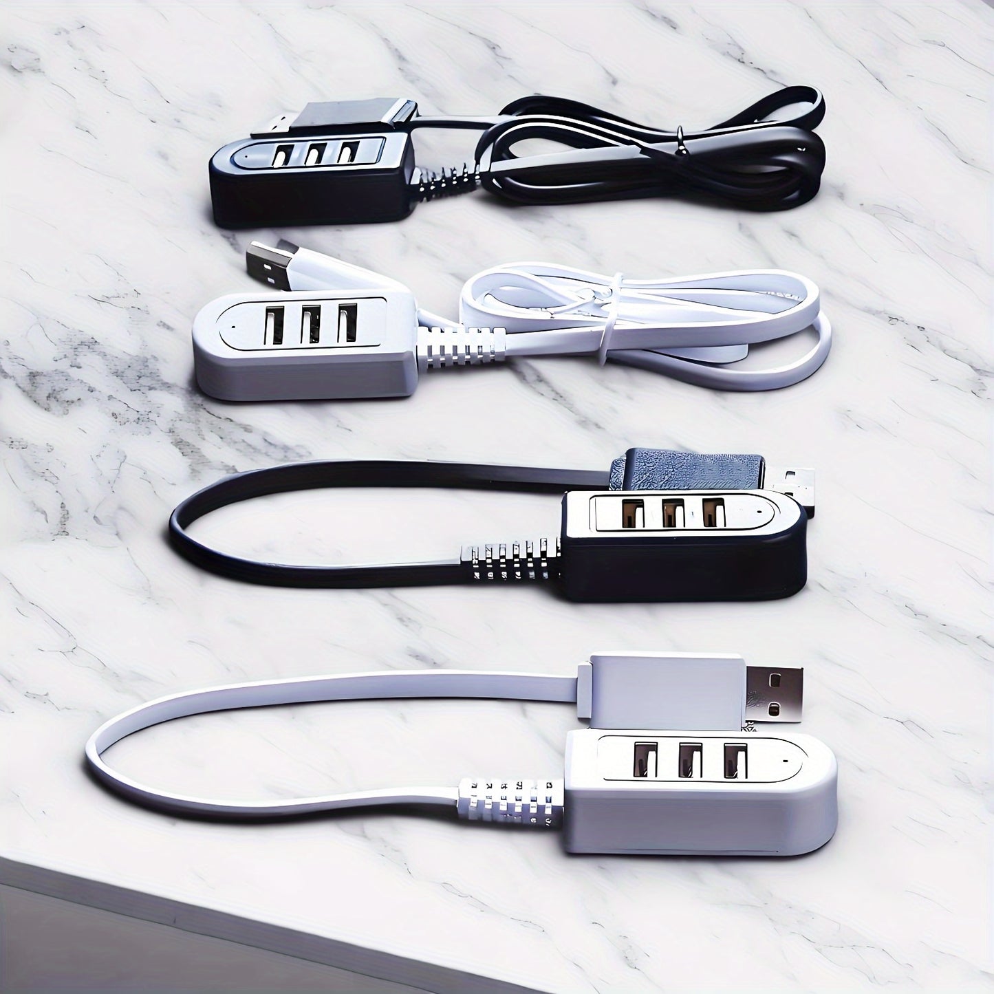 3-in-1 USB Multi-Port Adapter Cable with various functions including USB charging with data transfer, night light, card reader, fan, and other USB devices. Male to female polarity